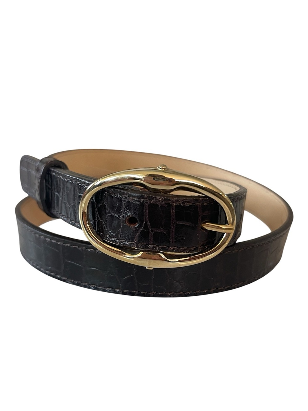 Talbots Brown Croc Leather Italy Thin Belt Gold Oval Buckle Old Money XS